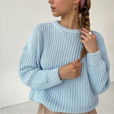 Women Solid Knitted Thickening Oversized Sweater Female Round Neck Long Sleeve Casual Loose Pullovers Top Autumn Winter