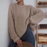 goosudu Women Solid Knitted Thickening Oversized Sweater Female Round Neck Long Sleeve Casual Loose Pullovers Top Autumn Winter