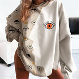 Apricot White Eye Print Crewneck Sweatshirt Women Vintage Casual Loose Fashion Top Thin Pullover Spring Fall England Style