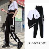 Goosudu Aiertu 3 Pieces Set  Summer Streetwear Outfit Women's Sweatshirt Set Track Suit Cargo Pants Short Sleeve Shirt Women Trouser Set